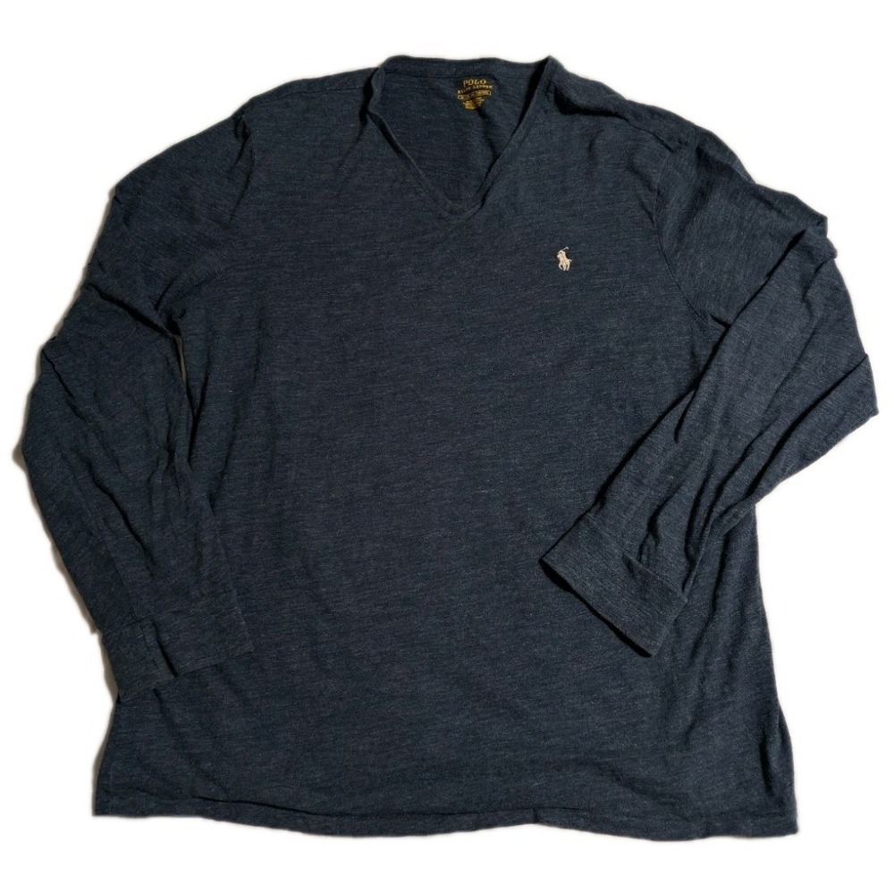Polo Ralph Lauren V Neck Long‎ Sleeve Shirt Mens XL Blue Jersey Cotton Pony